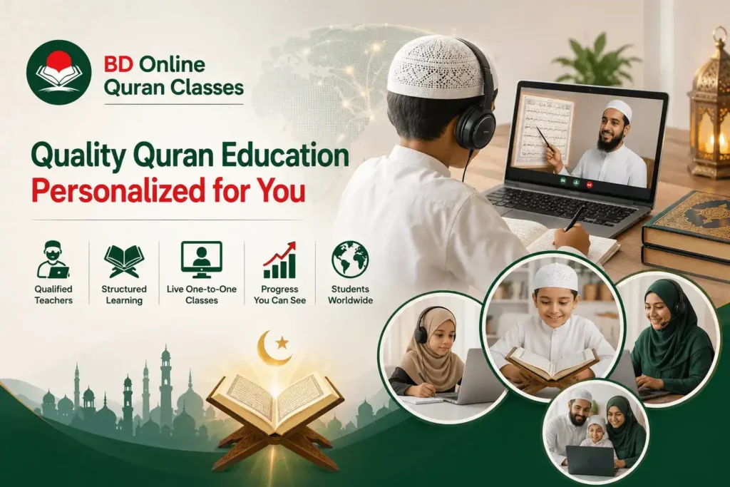 A student attending a personalized one-to-one online Quran class with a qualified teacher through BD Online Quran Classes.